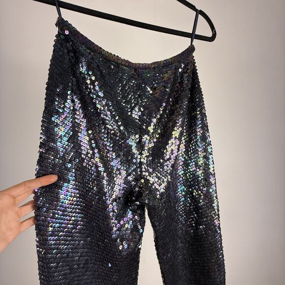 Vintage 70s Sequin Pants Black Iridescent Silk Lined High Waist Disco Glam - Picture 6 of 10